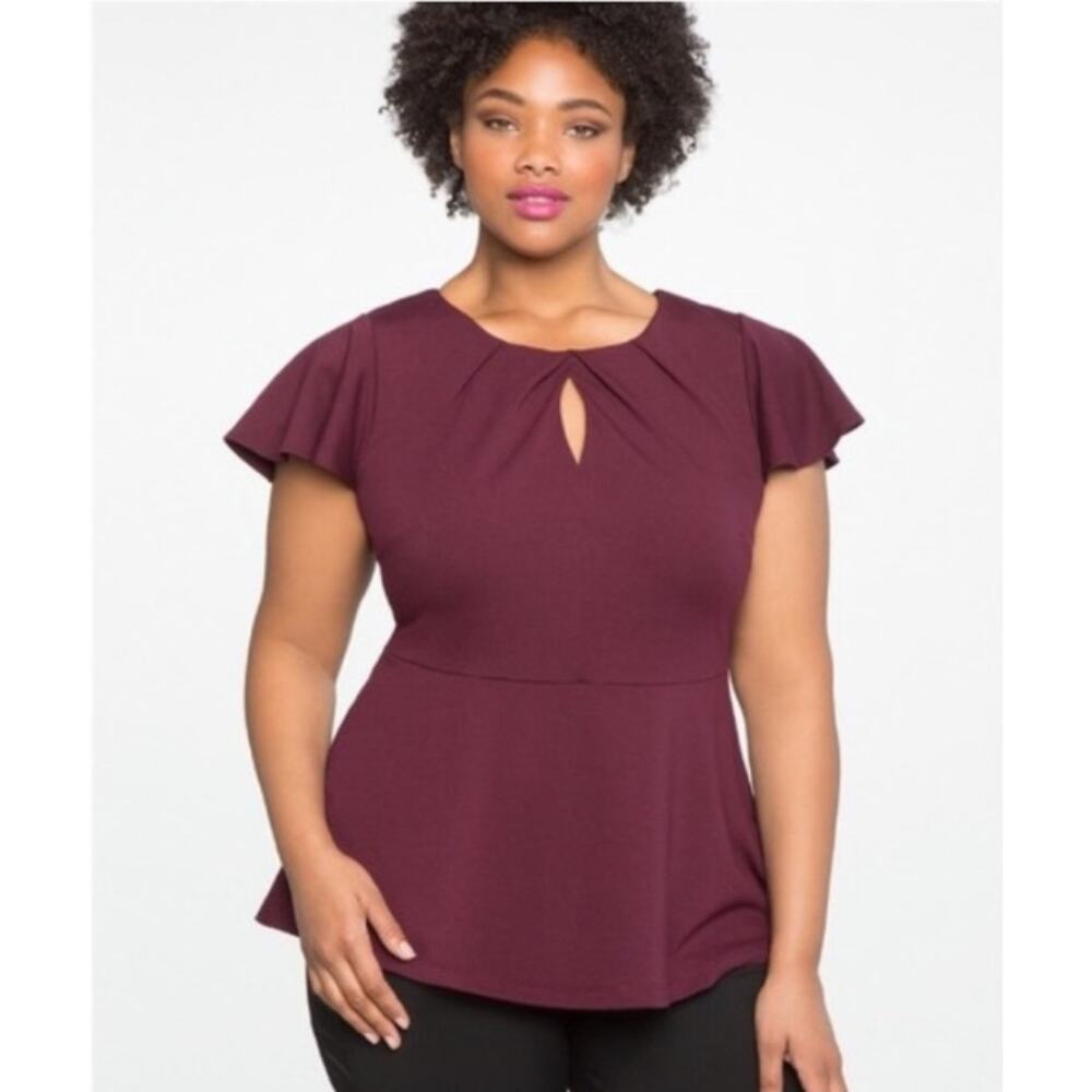 Eloquii Pleated Neckline Flutter Sleeve Peplum Top in Ruby Dusk Plum Size 18 NWT